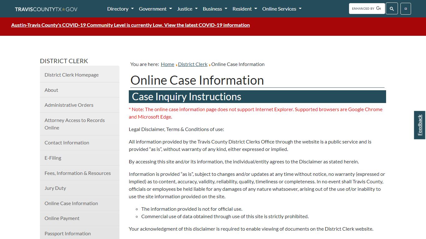 Online Case Information - Travis County, Texas